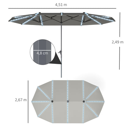 Double Sun Umbrella with Solar LED Lights 451x267 cm Aluminum UV 50+ Sun Umbrella with Hand Crank Fiberglass Ribs, Balcony Umbrella Windproof Market Umbrella Sun Protection for Balcony Garden Dark Gray