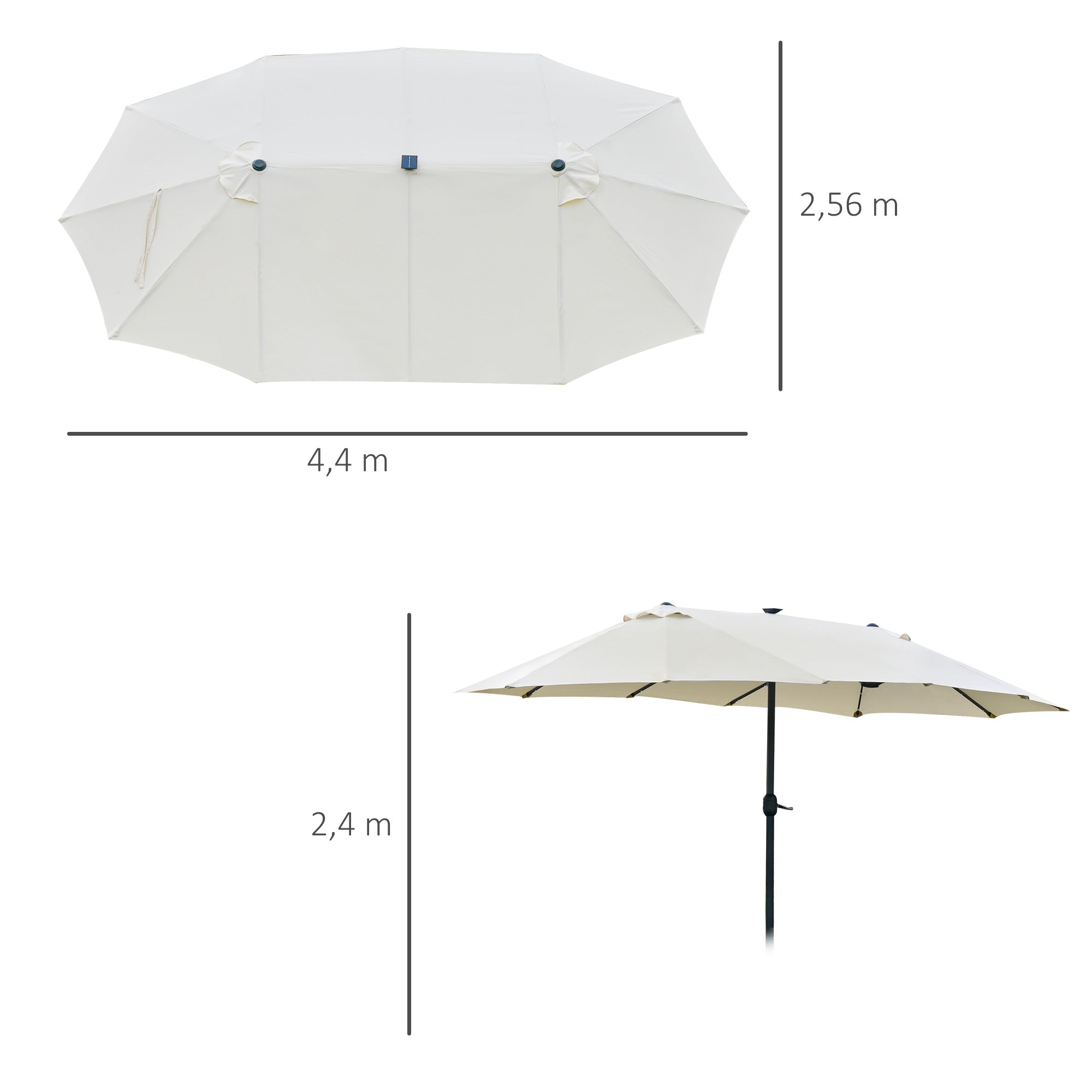 Sun Umbrella with LED Double Sun Umbrella 440 x 256 cm Garden Umbrella Market Umbrella Large Patio Umbrella with Hand Crank Oval Metal Cream White