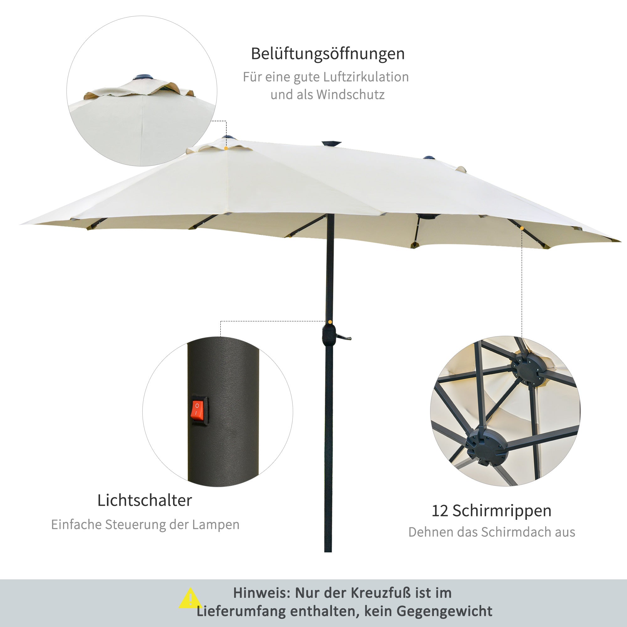 Sun Umbrella with LED Double Sun Umbrella 440 x 256 cm Garden Umbrella Market Umbrella Large Patio Umbrella with Hand Crank Oval Metal Cream White