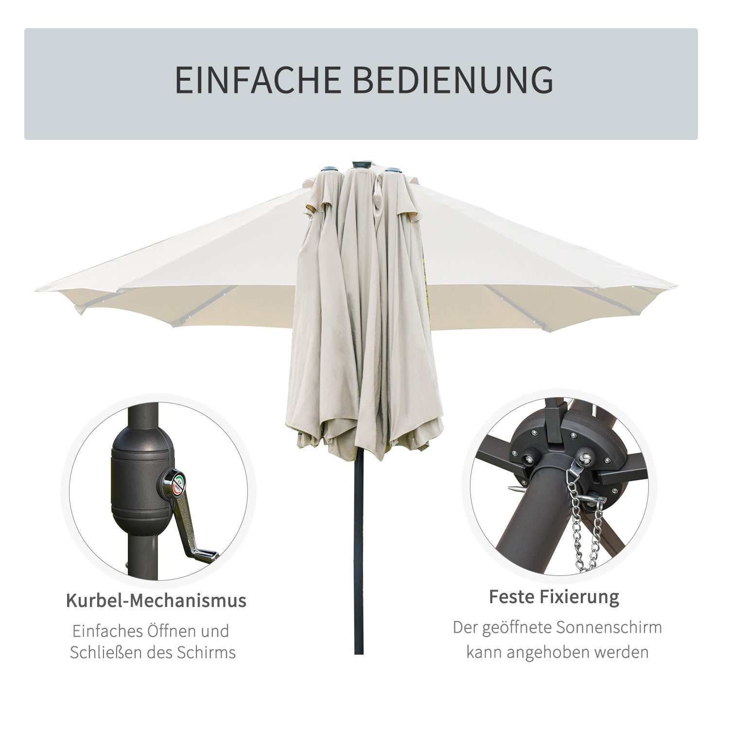 Sun Umbrella with LED Double Sun Umbrella 440 x 256 cm Garden Umbrella Market Umbrella Large Patio Umbrella with Hand Crank Oval Metal Cream White