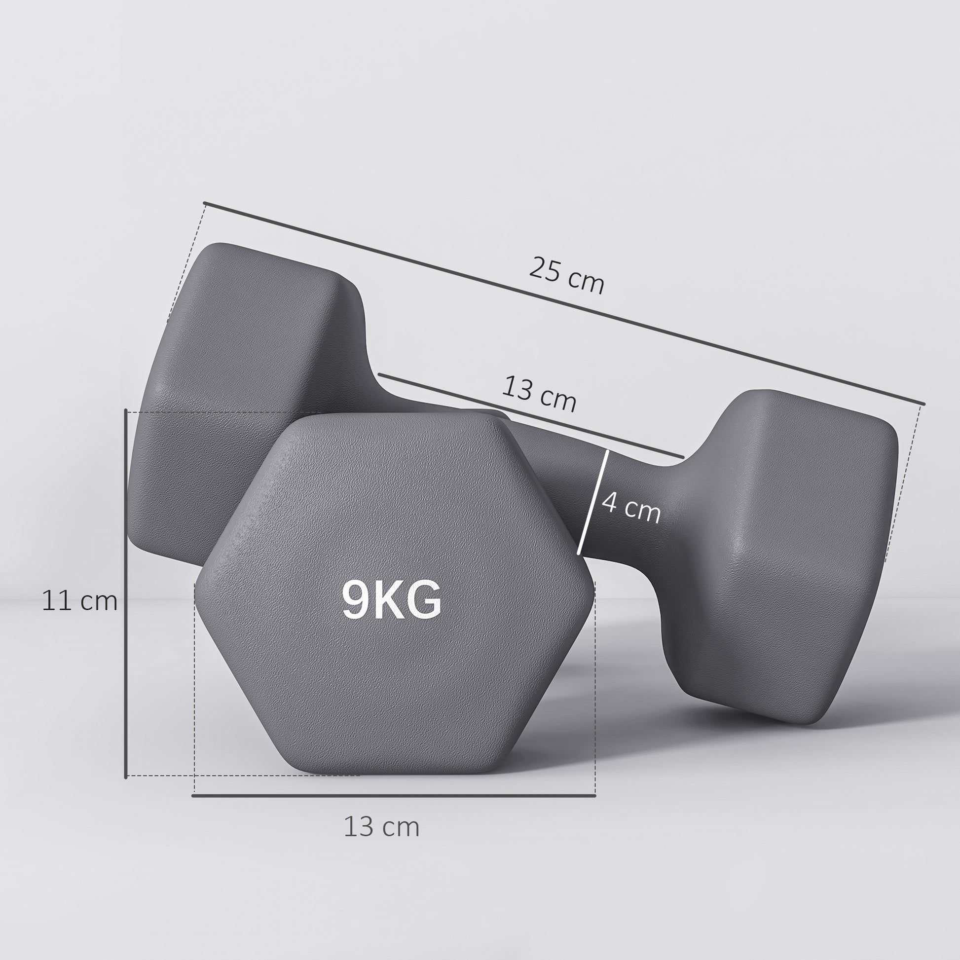 SPORTNOW Set of 2 Hexagonal Dumbbells 2x9 kg in Metal and Plastic, 2 Dumbbell Weights with Non-Slip Grip, 25x11x11 cm, Grey