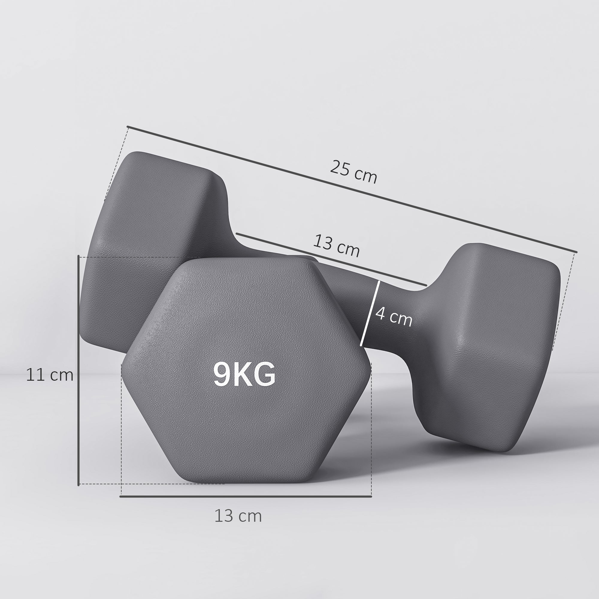 SPORTNOW Set of 2 Hexagonal Dumbbells 2x9 kg in Metal and Plastic, 2 Dumbbell Weights with Non-Slip Grip, 25x11x11 cm, Grey