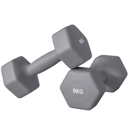 SPORTNOW Set of 2 Hexagonal Dumbbells 2x9 kg in Metal and Plastic, 2 Dumbbell Weights with Non-Slip Grip, 25x11x11 cm, Grey