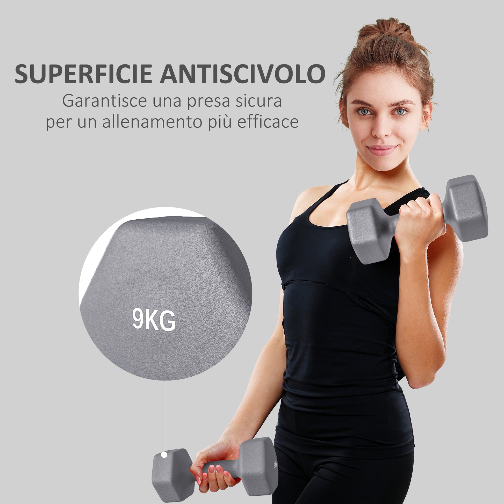 SPORTNOW Set of 2 Hexagonal Dumbbells 2x9 kg in Metal and Plastic, 2 Dumbbell Weights with Non-Slip Grip, 25x11x11 cm, Grey