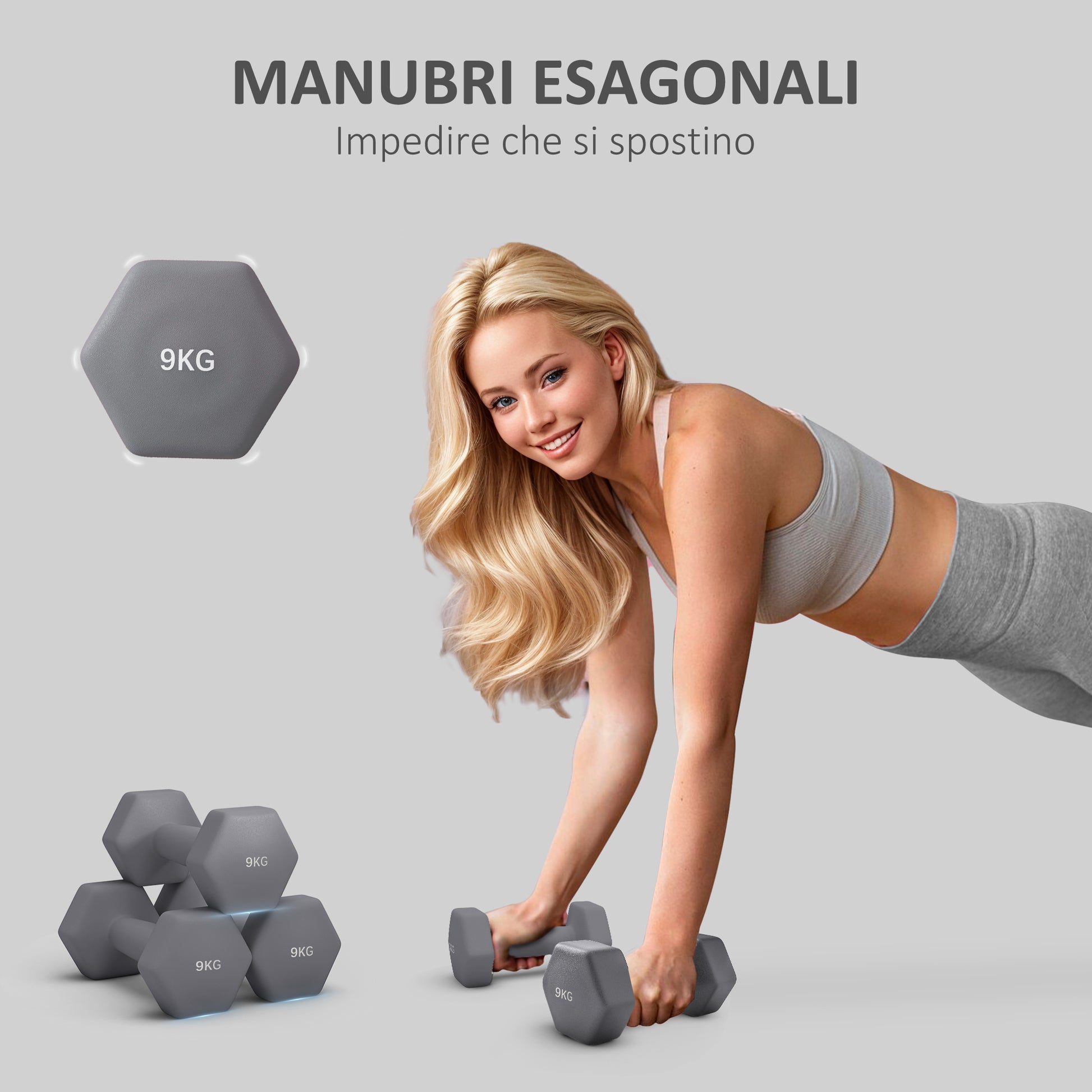 SPORTNOW Set of 2 Hexagonal Dumbbells 2x9 kg in Metal and Plastic, 2 Dumbbell Weights with Non-Slip Grip, 25x11x11 cm, Grey