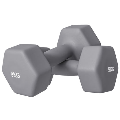 SPORTNOW Set of 2 Hexagonal Dumbbells 2x9 kg in Metal and Plastic, 2 Dumbbell Weights with Non-Slip Grip, 25x11x11 cm, Grey