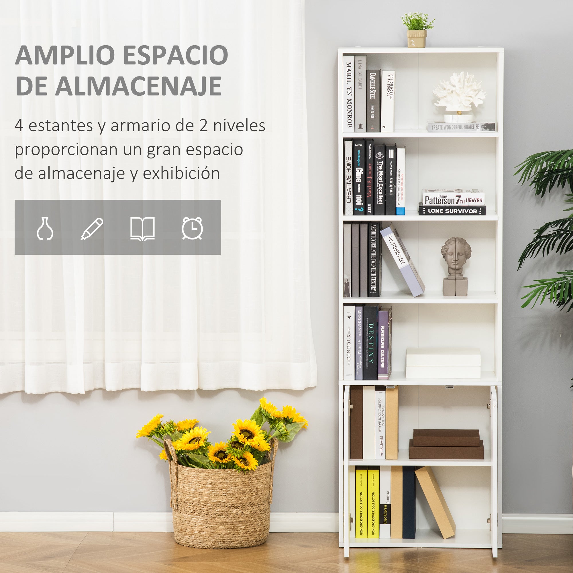Bookshelf with 4 Open Compartments and 2 Doors for Living Room Office Study Load 80 kg 59x29x180 cm White