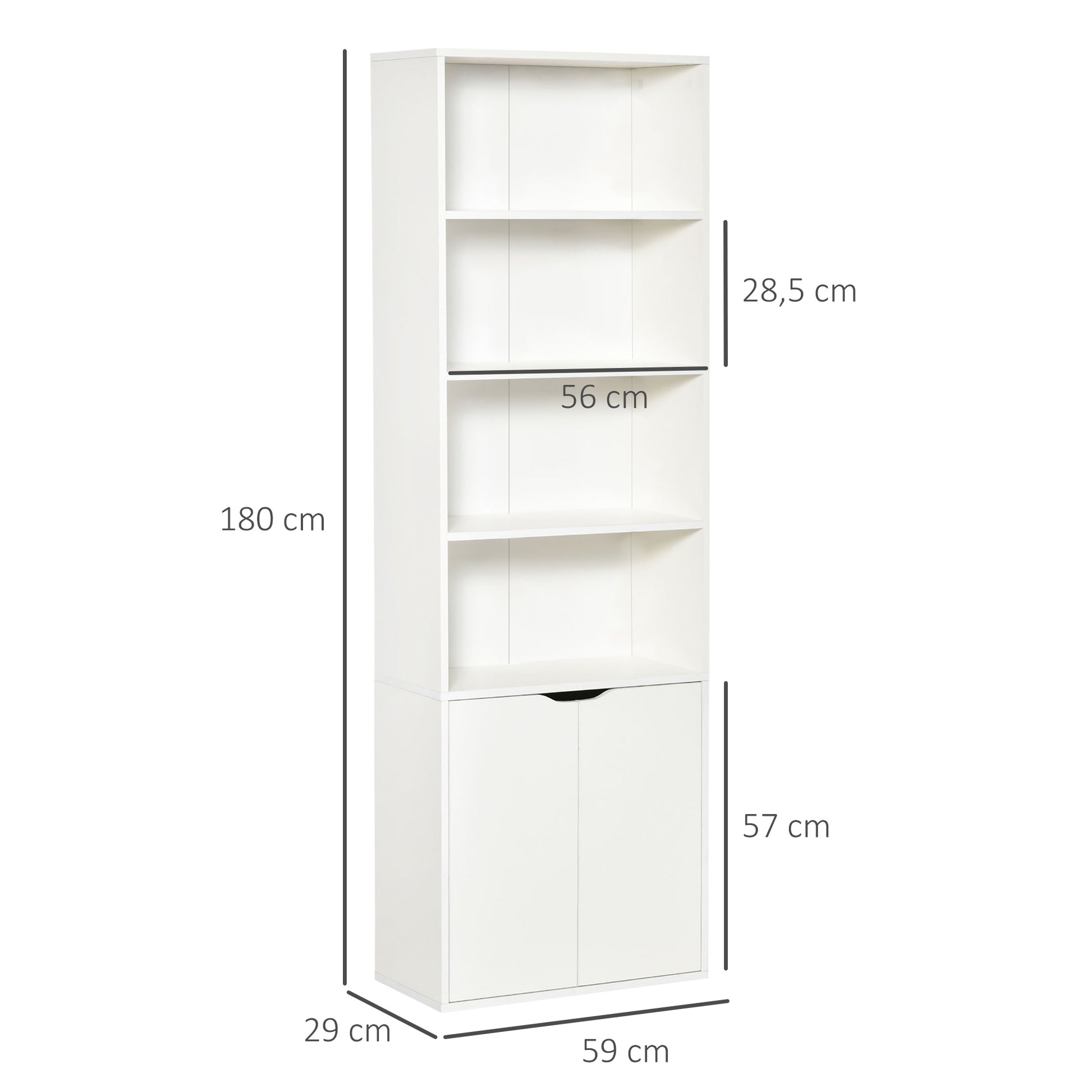 Bookshelf with 4 Open Compartments and 2 Doors for Living Room Office Study Load 80 kg 59x29x180 cm White