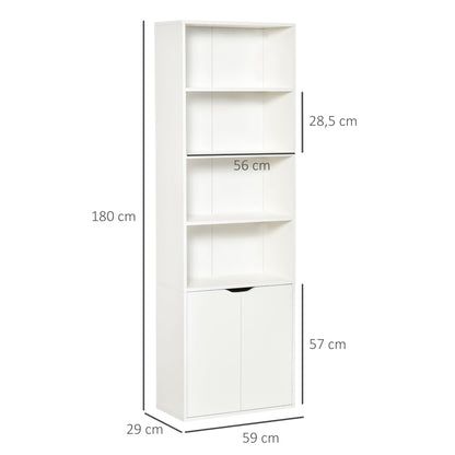 Bookshelf with 4 Open Compartments and 2 Doors for Living Room Office Study Load 80 kg 59x29x180 cm White