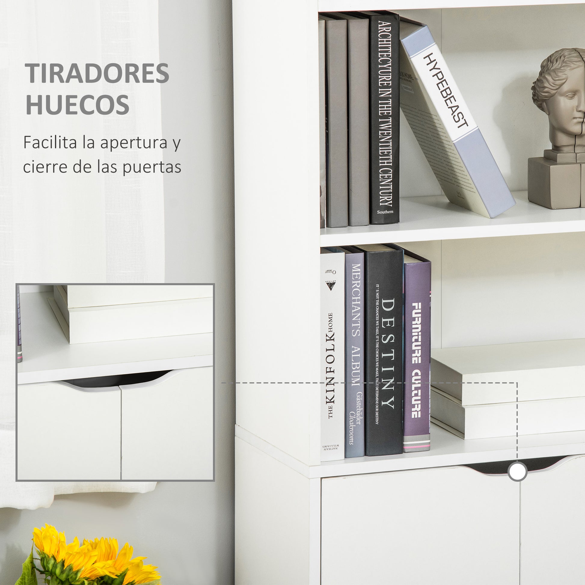Bookshelf with 4 Open Compartments and 2 Doors for Living Room Office Study Load 80 kg 59x29x180 cm White