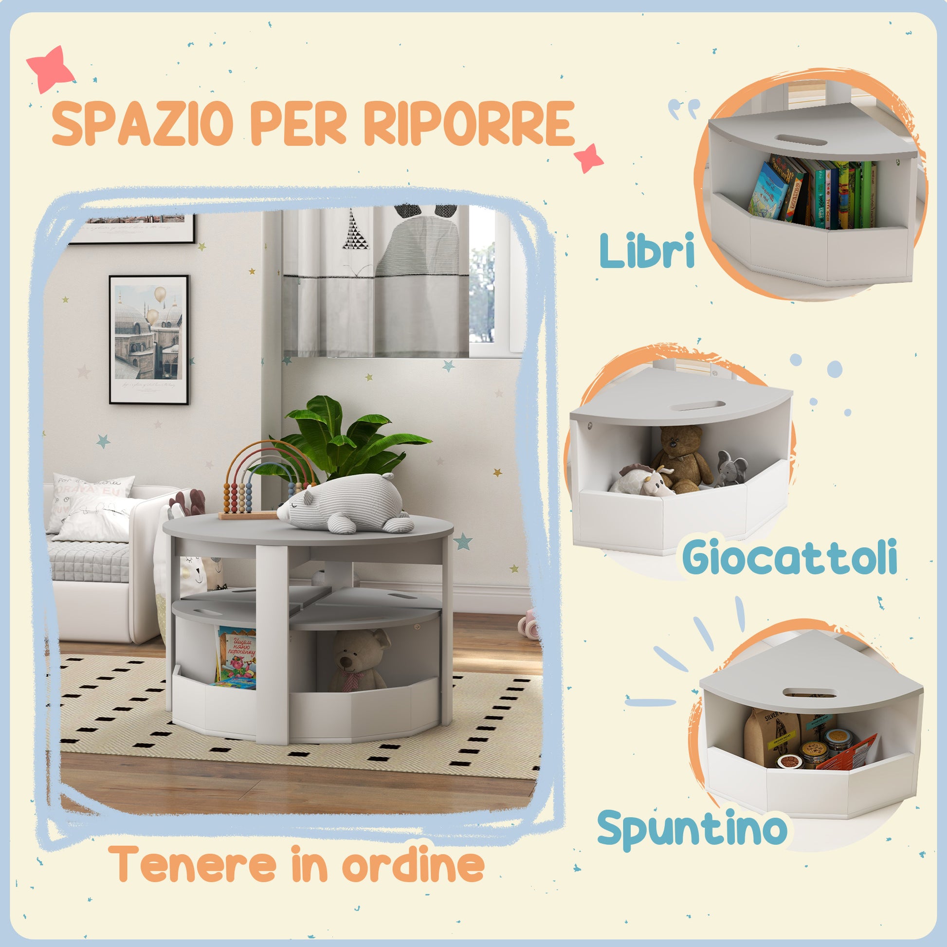 5-Piece Children's Table and Stools Set, Space-Saving Wooden Table and Chairs Set with Storage Compartment, Gray