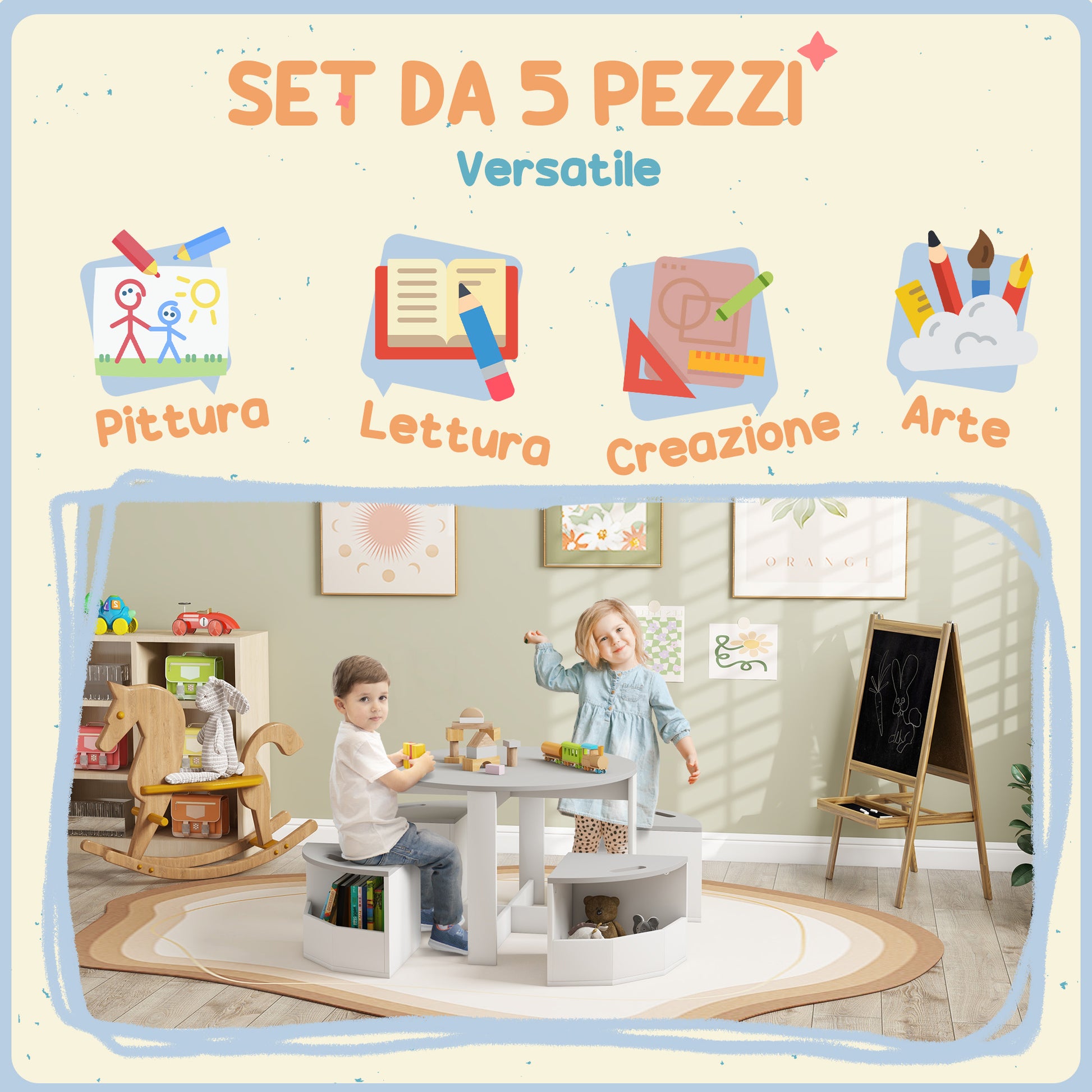5-Piece Children's Table and Stools Set, Space-Saving Wooden Table and Chairs Set with Storage Compartment, Gray