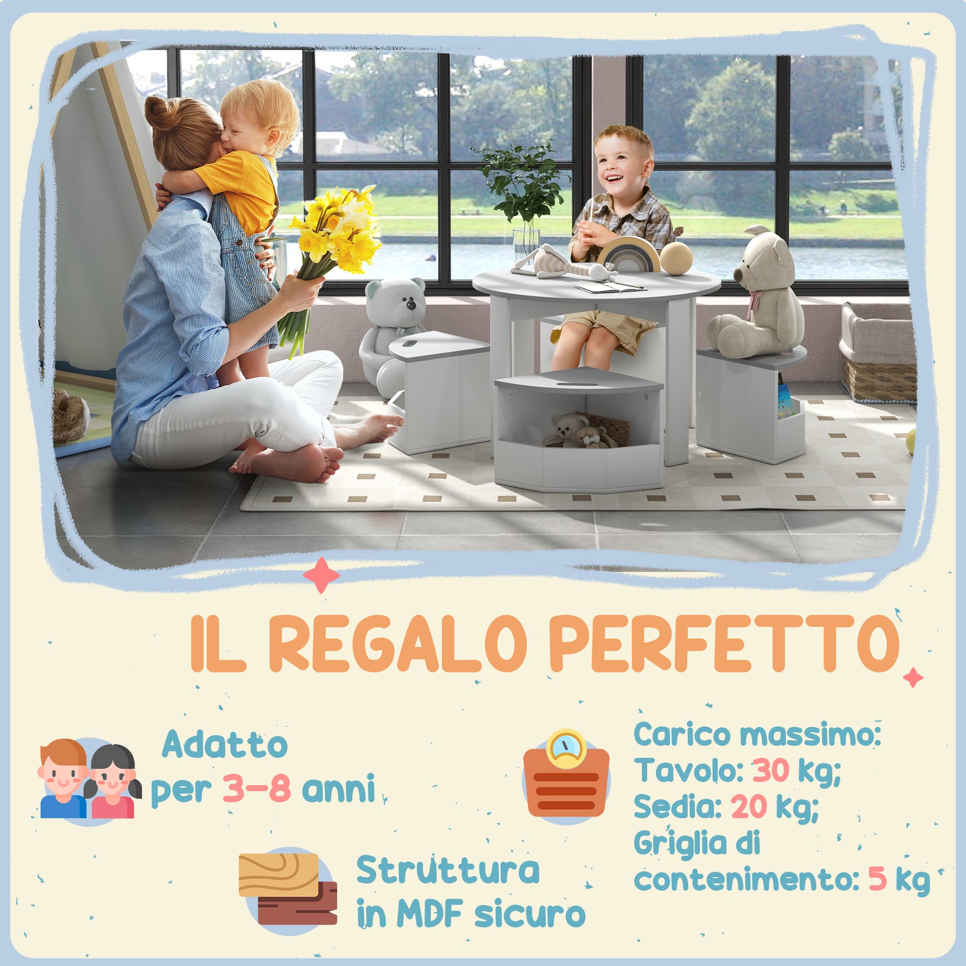 5-Piece Children's Table and Stools Set, Space-Saving Wooden Table and Chairs Set with Storage Compartment, Gray