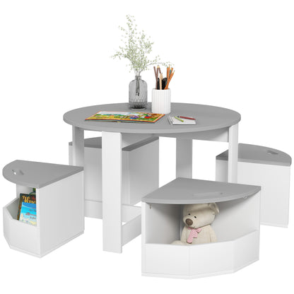 5-Piece Children's Table and Stools Set, Space-Saving Wooden Table and Chairs Set with Storage Compartment, Gray