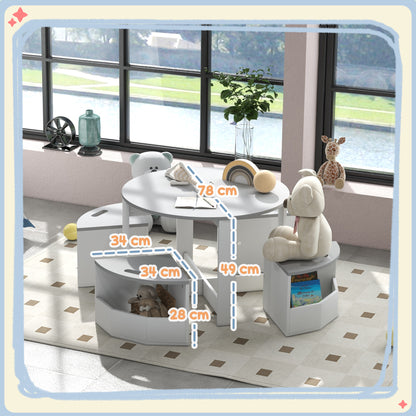 5-Piece Children's Table and Stools Set, Space-Saving Wooden Table and Chairs Set with Storage Compartment, Gray