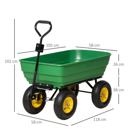 Tipping Garden Cart Capacity 125 L Load 200 kg Transport Trolley Beach Cart with Steel Frame and 4 Pneumatic Wheels in Dark Green
