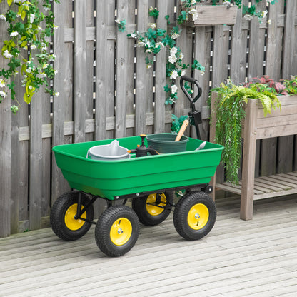 Tipping Garden Cart Capacity 125 L Load 200 kg Transport Trolley Beach Cart with Steel Frame and 4 Pneumatic Wheels in Dark Green