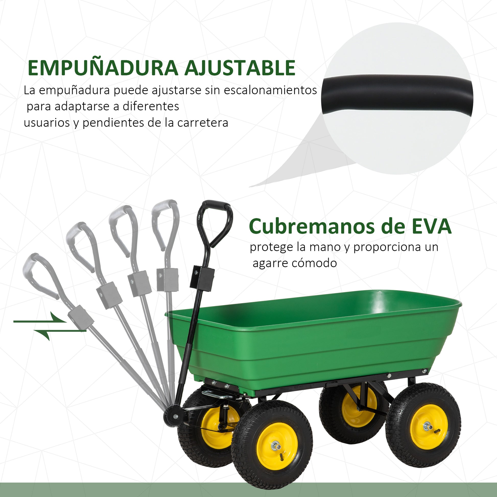 Tipping Garden Cart Capacity 125 L Load 200 kg Transport Trolley Beach Cart with Steel Frame and 4 Pneumatic Wheels in Dark Green