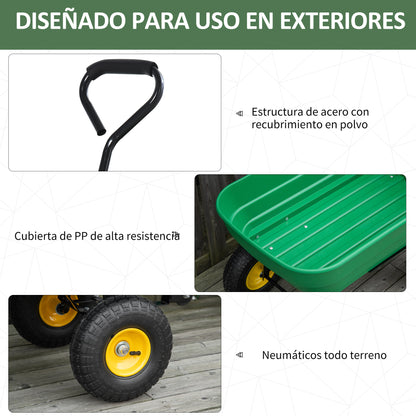 Tipping Garden Cart Capacity 125 L Load 200 kg Transport Trolley Beach Cart with Steel Frame and 4 Pneumatic Wheels in Dark Green