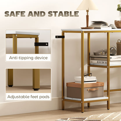 Console Table 47.2 in, 3-Tier Console with Shelves, Marble-Effect Tops, Metal Frame, Entryway & Hall Table, White/Gold