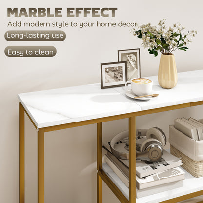 Console Table 47.2 in, 3-Tier Console with Shelves, Marble-Effect Tops, Metal Frame, Entryway & Hall Table, White/Gold