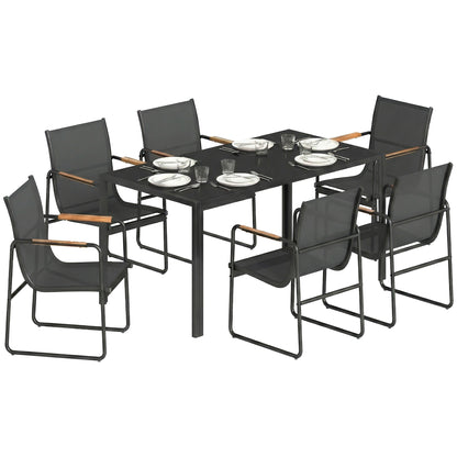 7-Piece Outdoor Dining Set — 59.1" x 31.5" Tempered Glass Table with 6 Breathable Mesh Chairs, Weather-Resistant, Black