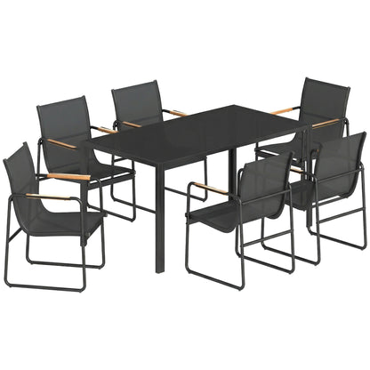 7-Piece Outdoor Dining Set — 59.1" x 31.5" Tempered Glass Table with 6 Breathable Mesh Chairs, Weather-Resistant, Black