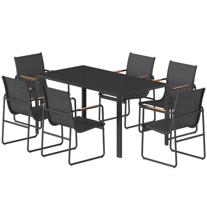 7-Piece Outdoor Dining Set — 59.1" x 31.5" Tempered Glass Table with 6 Breathable Mesh Chairs, Weather-Resistant, Black