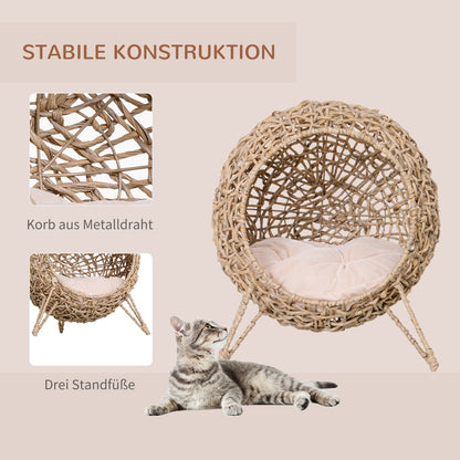 Cat House made of Rattan with Cushion Cat Sleeping Place Cat Cave with Elevated Feet Natural Ø52 x 58 cm