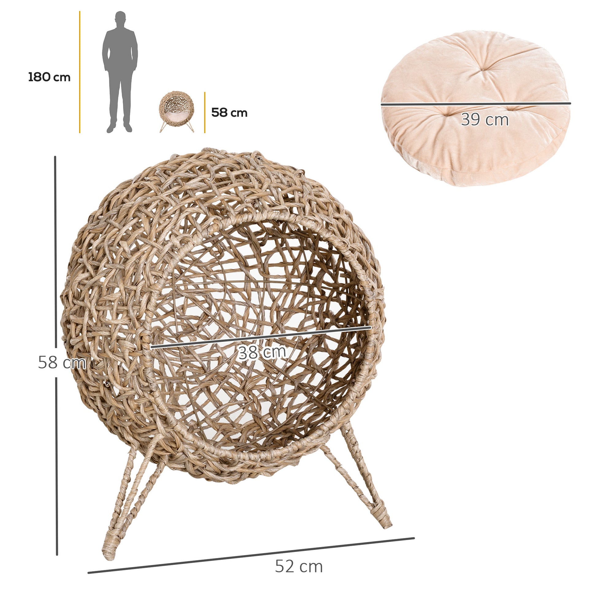 Cat House made of Rattan with Cushion Cat Sleeping Place Cat Cave with Elevated Feet Natural Ø52 x 58 cm