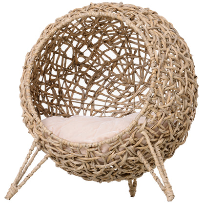 Cat House made of Rattan with Cushion Cat Sleeping Place Cat Cave with Elevated Feet Natural Ø52 x 58 cm