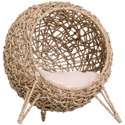 Cat House made of Rattan with Cushion Cat Sleeping Place Cat Cave with Elevated Feet Natural Ø52 x 58 cm