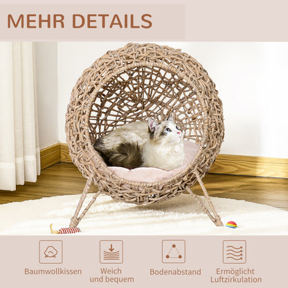 Cat House made of Rattan with Cushion Cat Sleeping Place Cat Cave with Elevated Feet Natural Ø52 x 58 cm