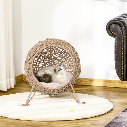 Cat House made of Rattan with Cushion Cat Sleeping Place Cat Cave with Elevated Feet Natural Ø52 x 58 cm