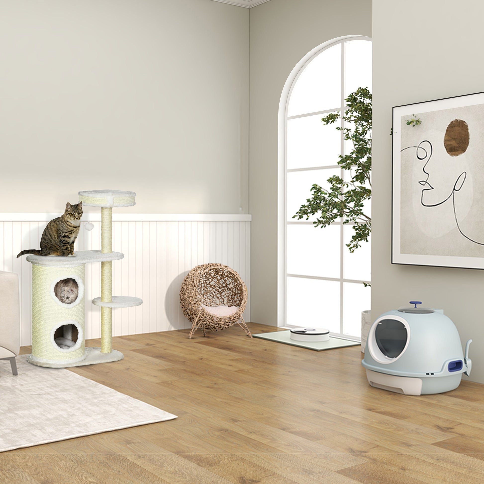 Cat House made of Rattan with Cushion Cat Sleeping Place Cat Cave with Elevated Feet Natural Ø52 x 58 cm
