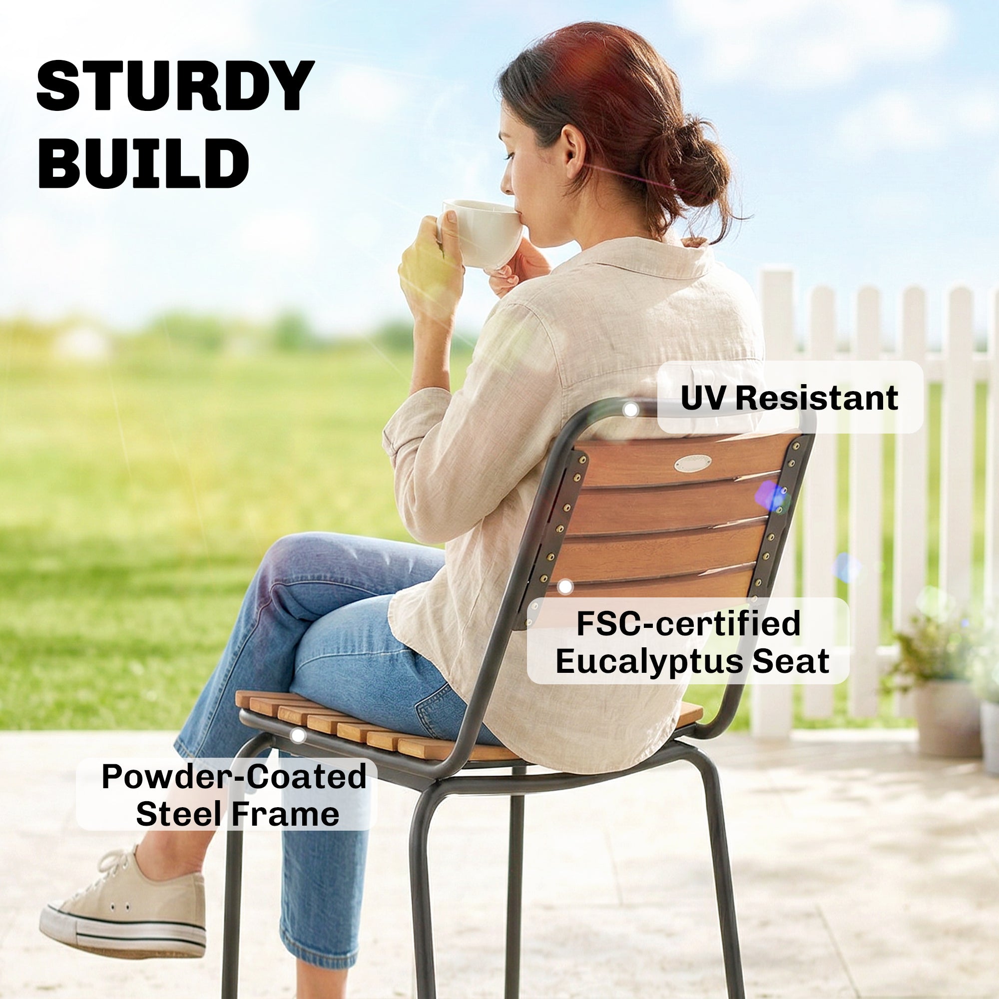 2-Pack Weatherproof Garden Chairs — Steel Frame & Eucalyptus Wood, Stackable, 352 lb Capacity, Natural Wood