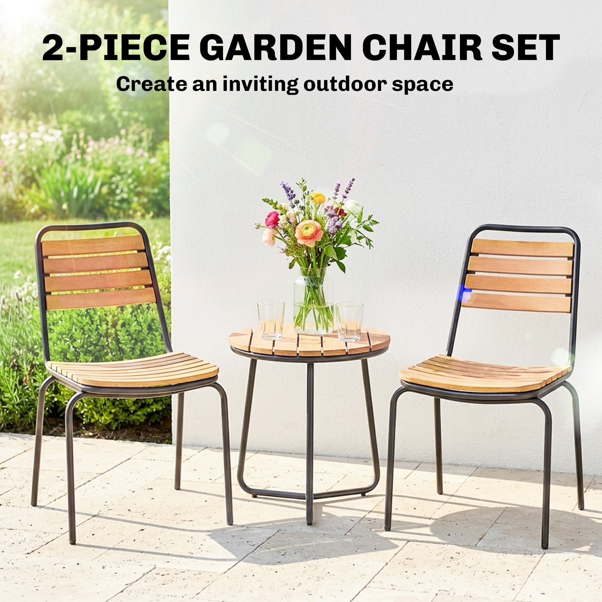 2-Pack Weatherproof Garden Chairs — Steel Frame & Eucalyptus Wood, Stackable, 352 lb Capacity, Natural Wood