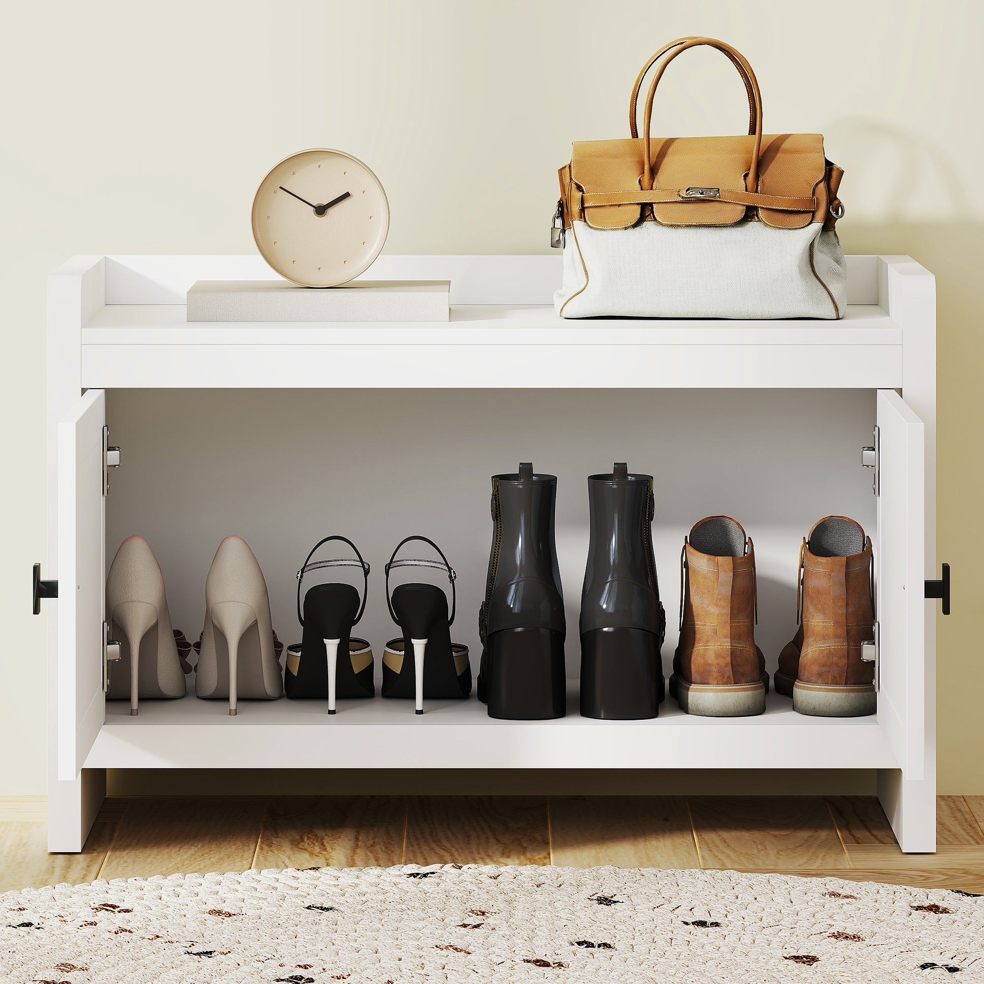 Bohemian Shoe Bench Shoe Storage Bench with Rattan Front Doors Removable Shelf for 8 Pairs of Shoes for Entryway Bedroom 31.5x13.78x20.47 inches White