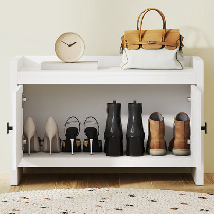 Bohemian Shoe Bench Shoe Storage Bench with Rattan Front Doors Removable Shelf for 8 Pairs of Shoes for Entryway Bedroom 31.5x13.78x20.47 inches White