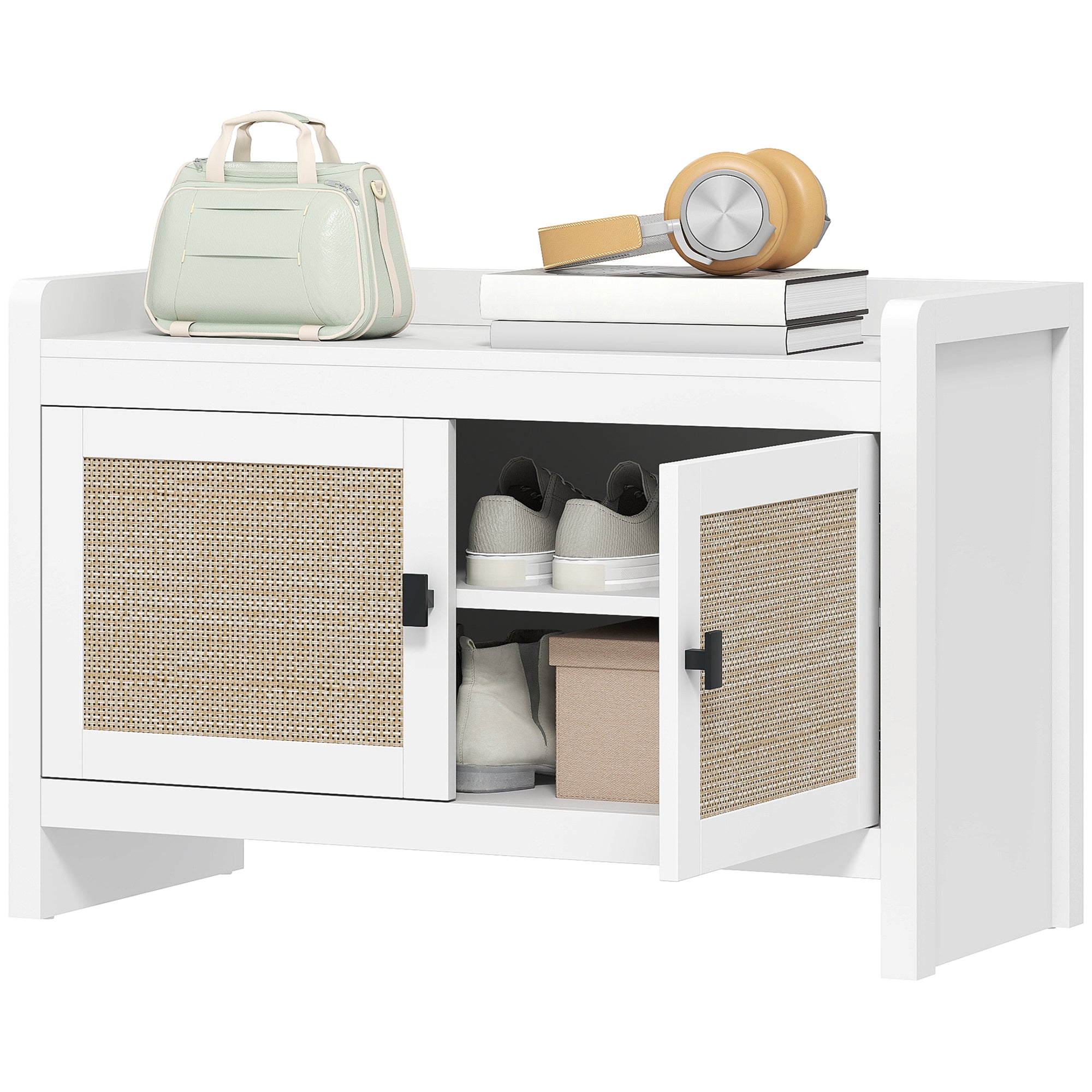 Bohemian Shoe Bench Shoe Storage Bench with Rattan Front Doors Removable Shelf for 8 Pairs of Shoes for Entryway Bedroom 31.5x13.78x20.47 inches White