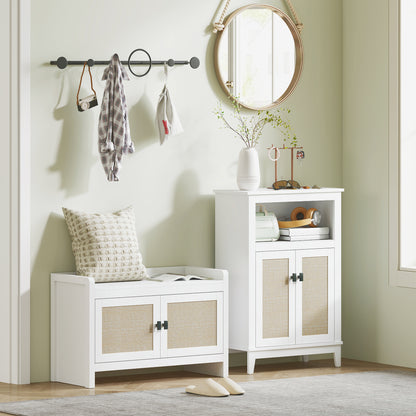 Bohemian Shoe Bench Shoe Storage Bench with Rattan Front Doors Removable Shelf for 8 Pairs of Shoes for Entryway Bedroom 31.5x13.78x20.47 inches White