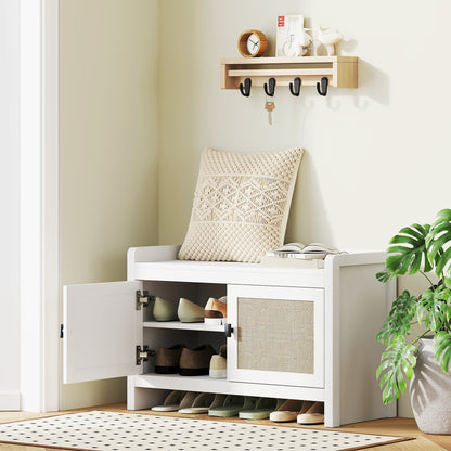 Bohemian Shoe Bench Shoe Storage Bench with Rattan Front Doors Removable Shelf for 8 Pairs of Shoes for Entryway Bedroom 31.5x13.78x20.47 inches White