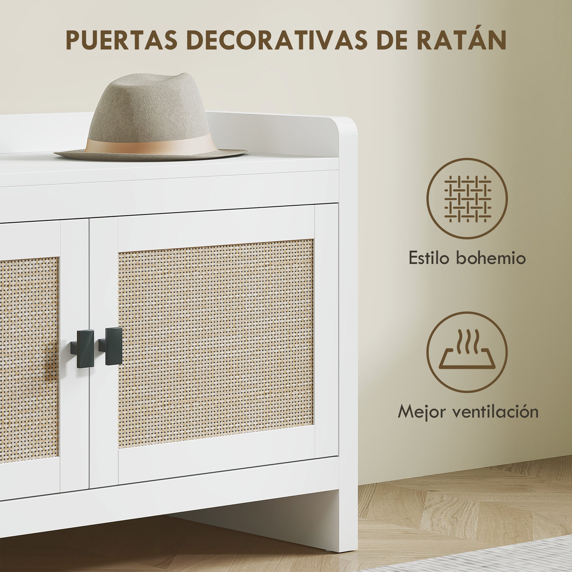 Bohemian Shoe Bench Shoe Storage Bench with Rattan Front Doors Removable Shelf for 8 Pairs of Shoes for Entryway Bedroom 31.5x13.78x20.47 inches White