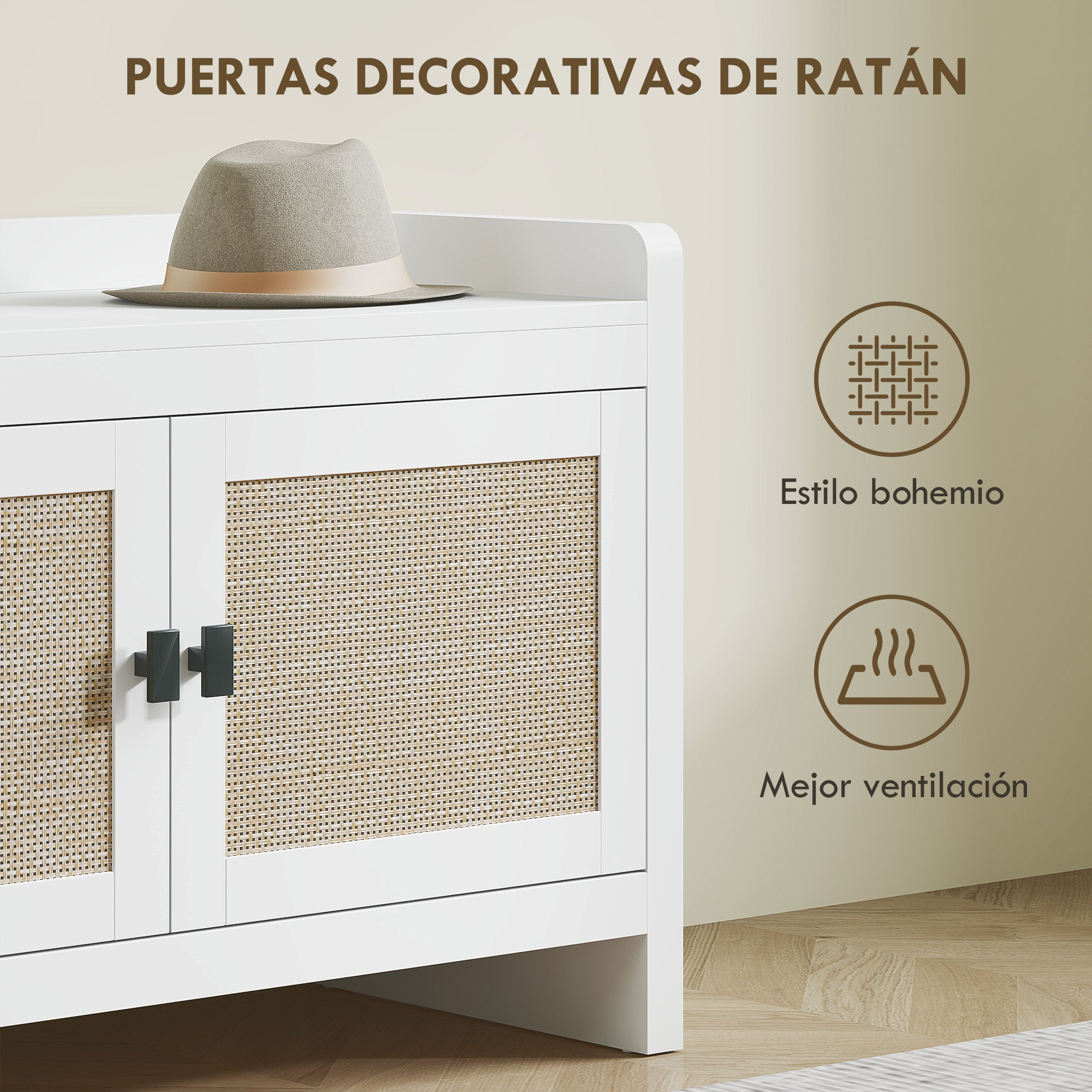 Bohemian Shoe Bench Shoe Storage Bench with Rattan Front Doors Removable Shelf for 8 Pairs of Shoes for Entryway Bedroom 31.5x13.78x20.47 inches White