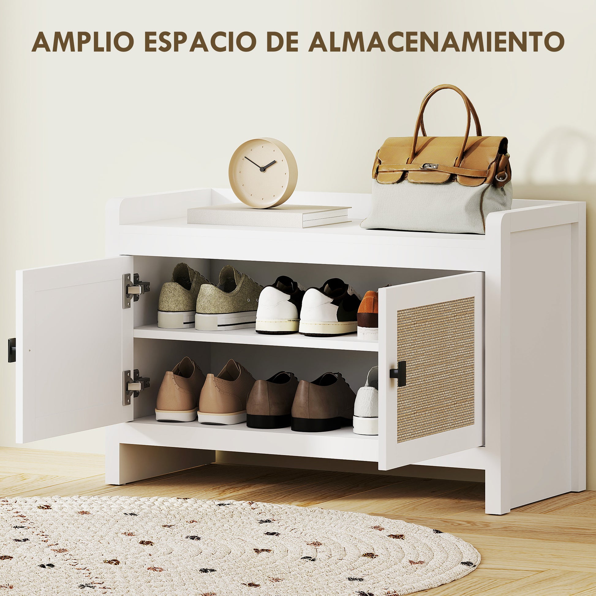 Bohemian Shoe Bench Shoe Storage Bench with Rattan Front Doors Removable Shelf for 8 Pairs of Shoes for Entryway Bedroom 31.5x13.78x20.47 inches White