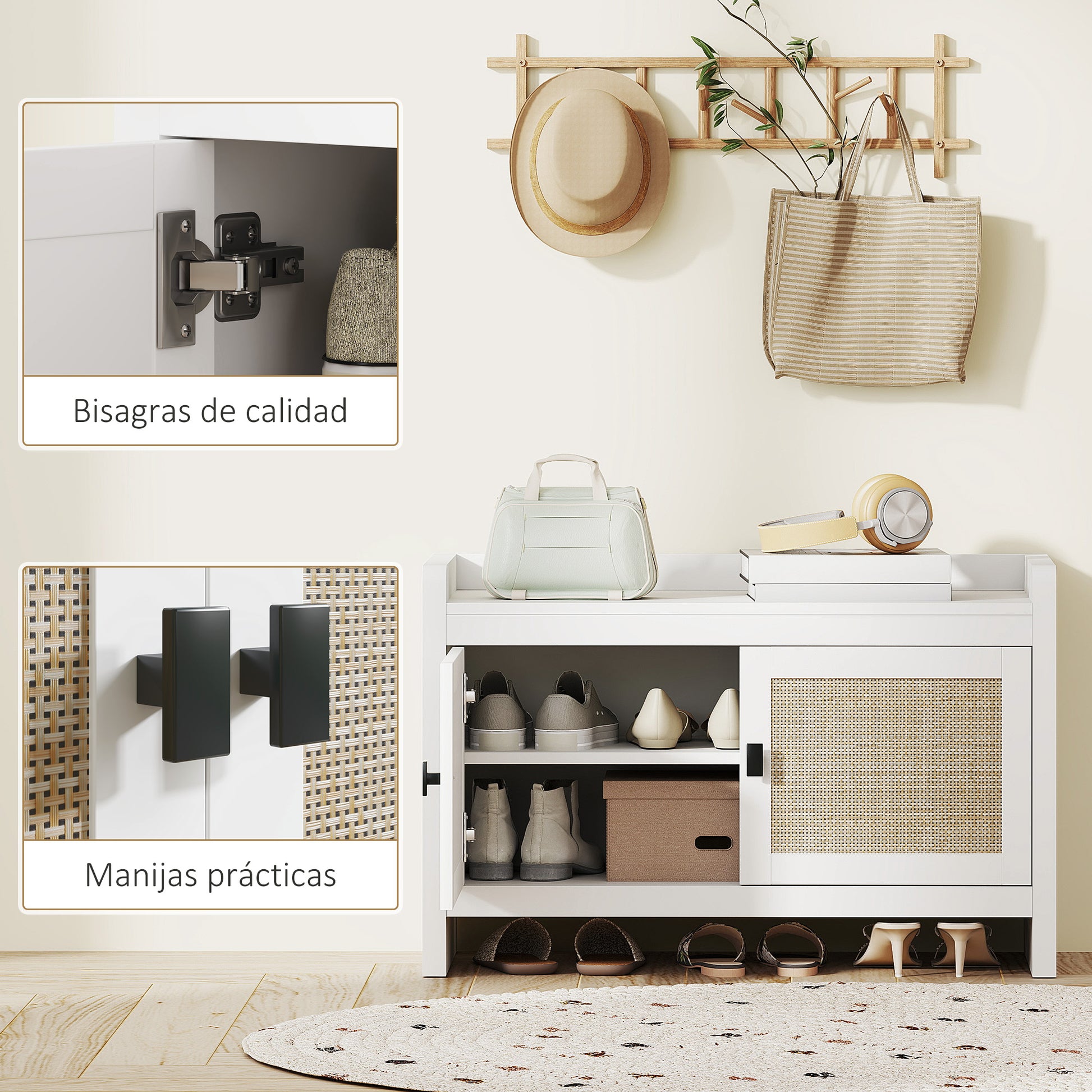 Bohemian Shoe Bench Shoe Storage Bench with Rattan Front Doors Removable Shelf for 8 Pairs of Shoes for Entryway Bedroom 31.5x13.78x20.47 inches White