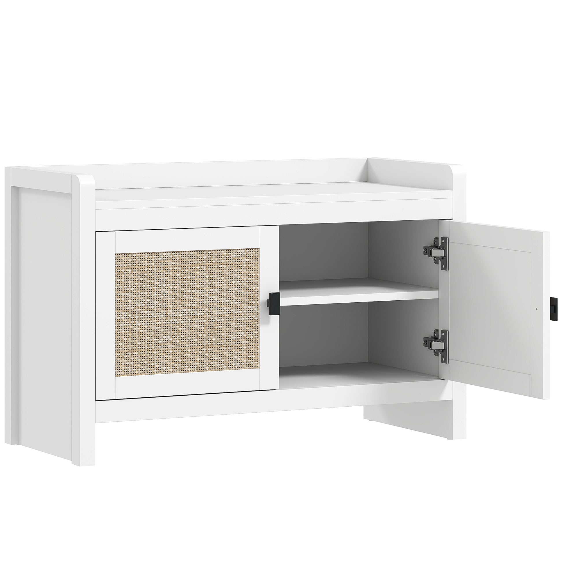 Bohemian Shoe Bench Shoe Storage Bench with Rattan Front Doors Removable Shelf for 8 Pairs of Shoes for Entryway Bedroom 31.5x13.78x20.47 inches White