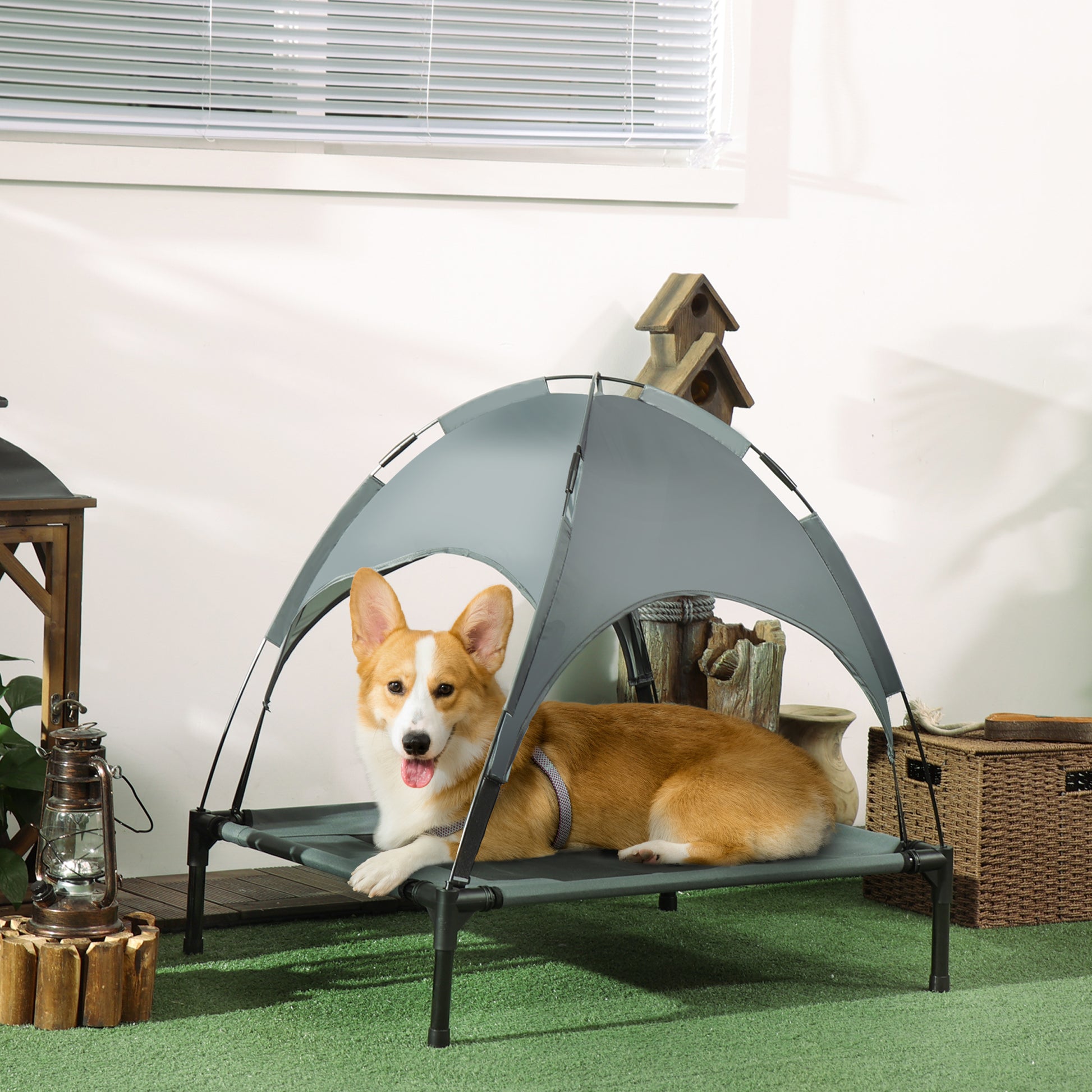 Elevated Dog Bed with Canopy, Pet Bed, Outdoor Dog Bed with Roof, Breathable, Taft Fabric for Camping Gray 76 x 61 x 73 cm
