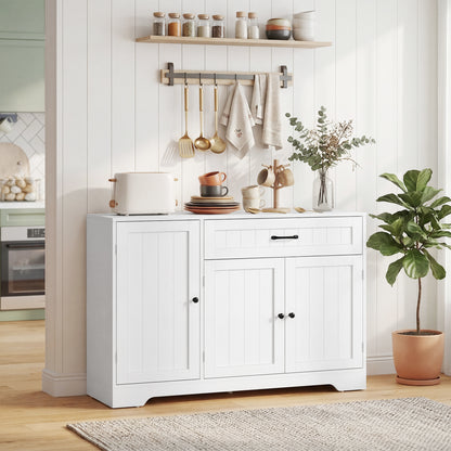 Kitchen Buffet Sideboard with Drawer, 3 Soft-Close Doors, Hidden Racks & Adjustable Shelves — Fits TVs up to 55", White