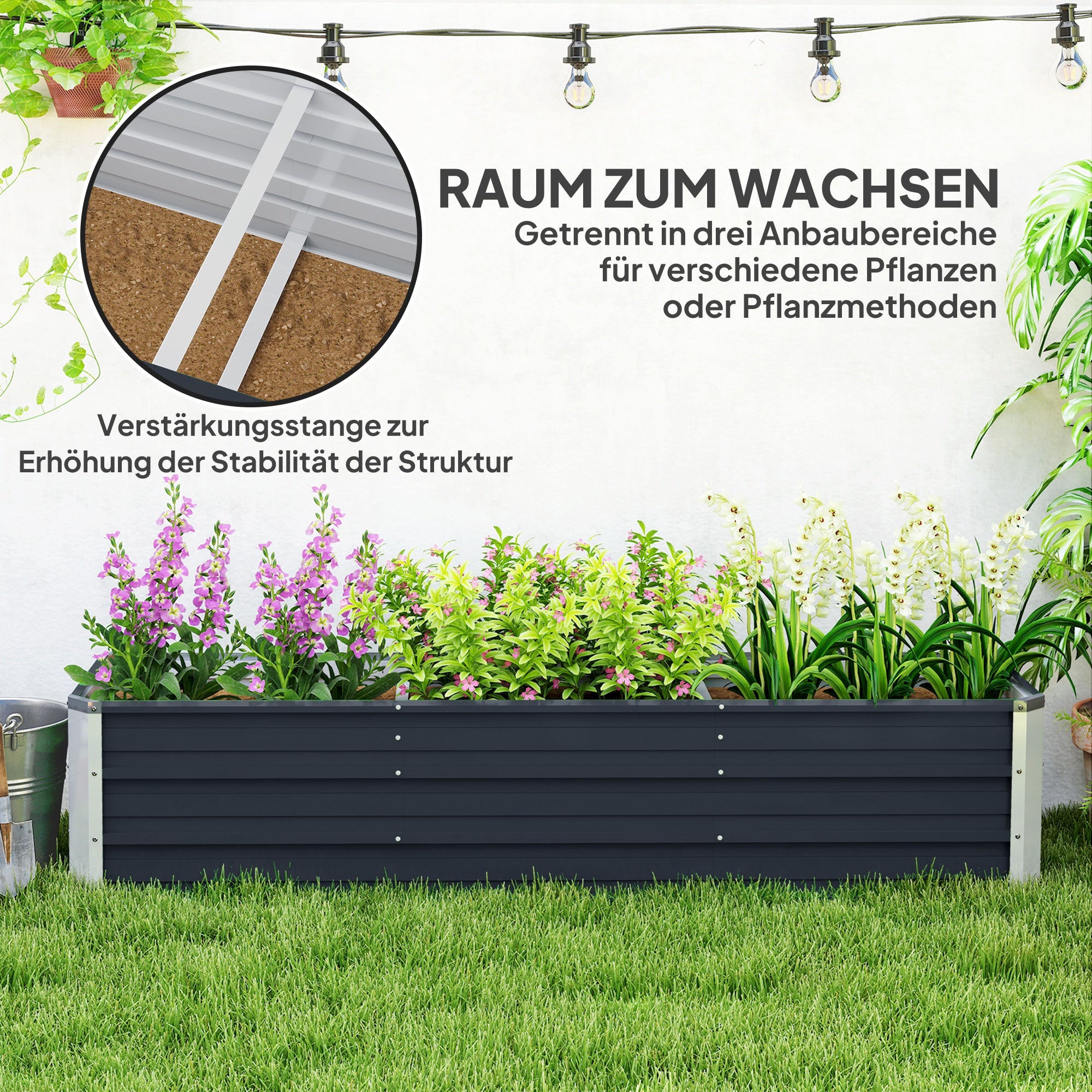 Steel Raised Garden Bed Planter Flower Box Flower Pot with Gloves Grey 183 x 47 x 40 cm